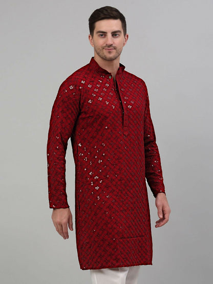 Men’s Maroon Geometric Embroidered Sequinned Kurta – 100% Cotton