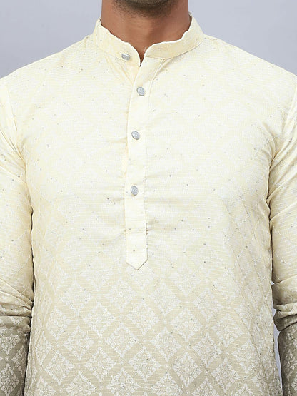 Men’s Grey Ombre Floral Kurta – Sequinned Mandarin Collar