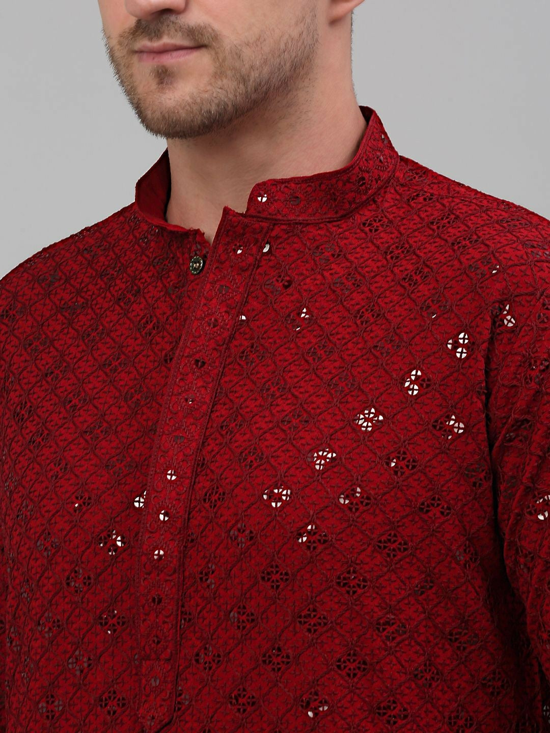 Men’s Maroon Geometric Embroidered Sequinned Kurta – 100% Cotton