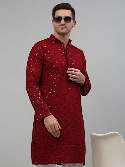 Men’s Maroon Geometric Embroidered Sequinned Kurta – 100% Cotton