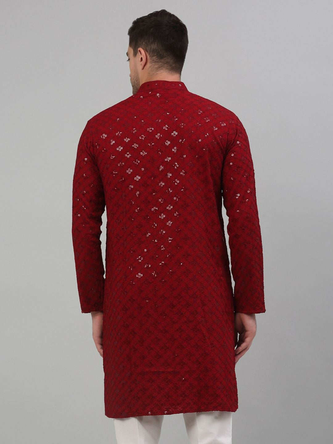 Men’s Maroon Geometric Embroidered Sequinned Kurta – 100% Cotton
