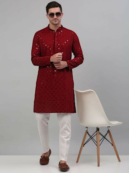 Men’s Maroon Geometric Embroidered Sequinned Kurta – 100% Cotton