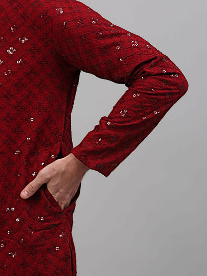 Men’s Maroon Geometric Embroidered Sequinned Kurta – 100% Cotton