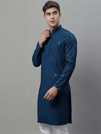 Men’s Blue Geometric Embroidered Kurta with Sequins – 100% Cotton