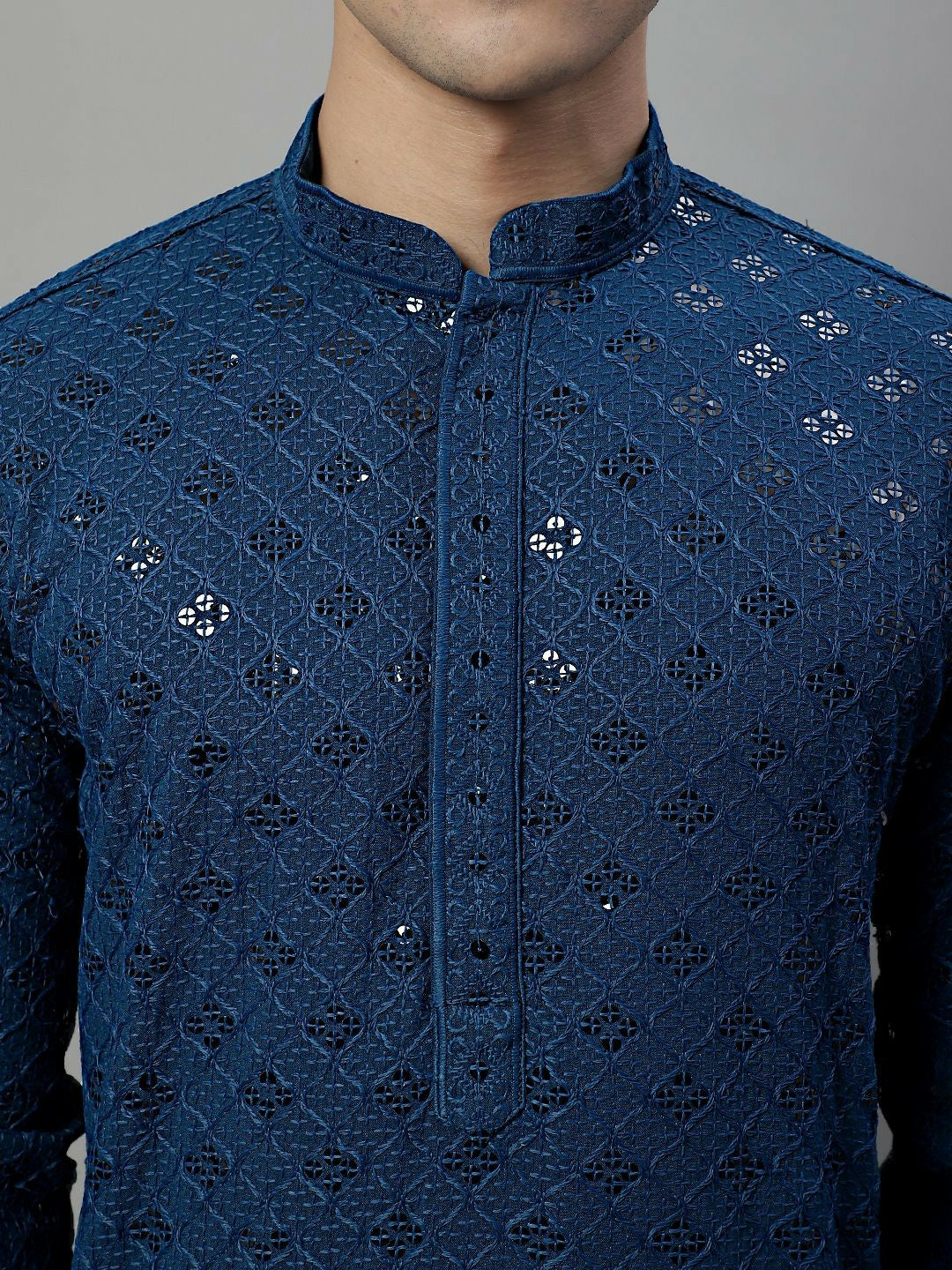 Men’s Blue Geometric Embroidered Kurta with Sequins – 100% Cotton