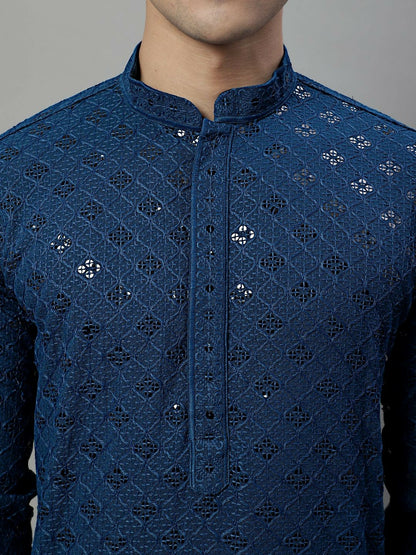 Men’s Blue Geometric Embroidered Kurta with Sequins – 100% Cotton
