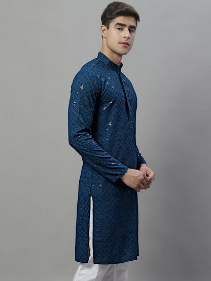 Men’s Blue Geometric Embroidered Kurta with Sequins – 100% Cotton
