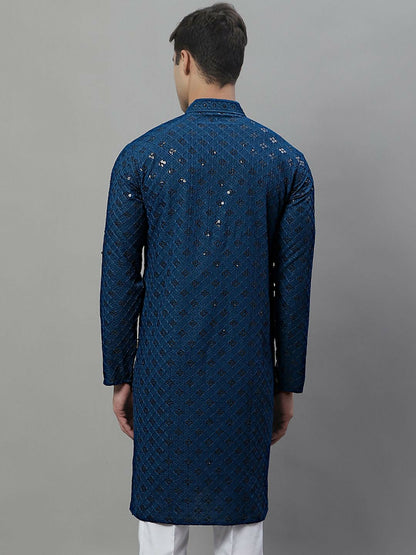 Men’s Blue Geometric Embroidered Kurta with Sequins – 100% Cotton