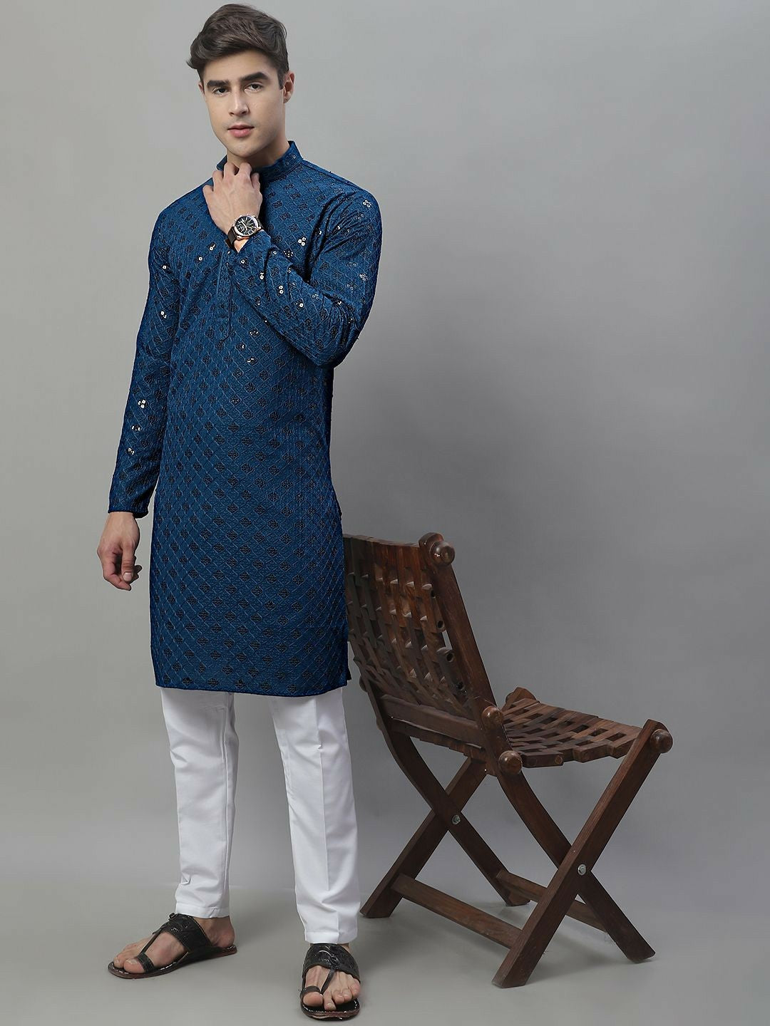 Men’s Blue Geometric Embroidered Kurta with Sequins – 100% Cotton