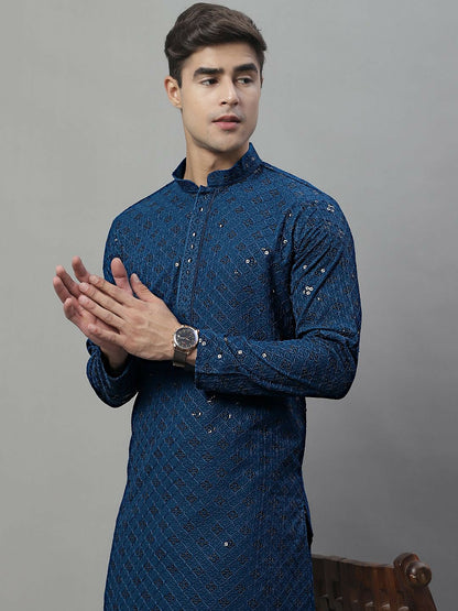 Men’s Blue Geometric Embroidered Kurta with Sequins – 100% Cotton