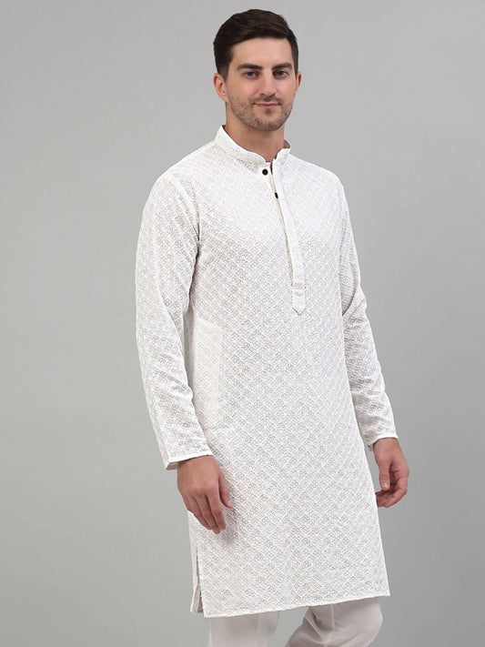 Men’s White Geometric Embroidered Cotton Kurta with Sequin Highlights