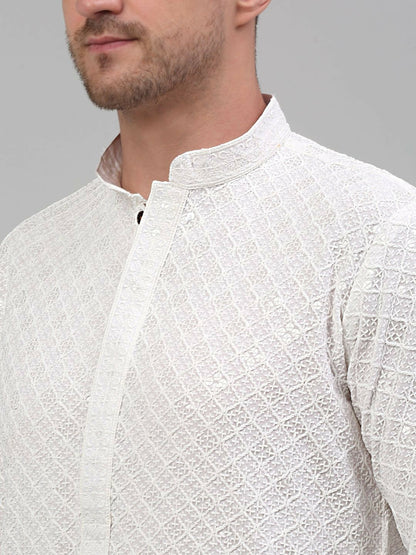Men’s White Geometric Embroidered Cotton Kurta with Sequin Highlights