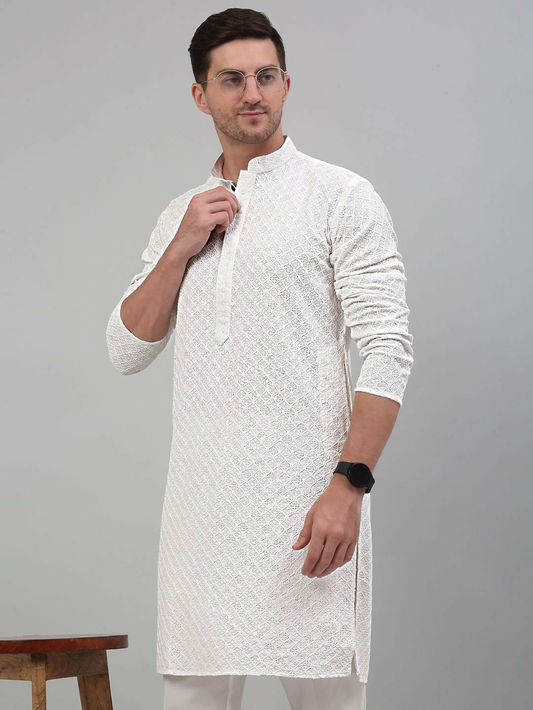 Men’s White Geometric Embroidered Cotton Kurta with Sequin Highlights