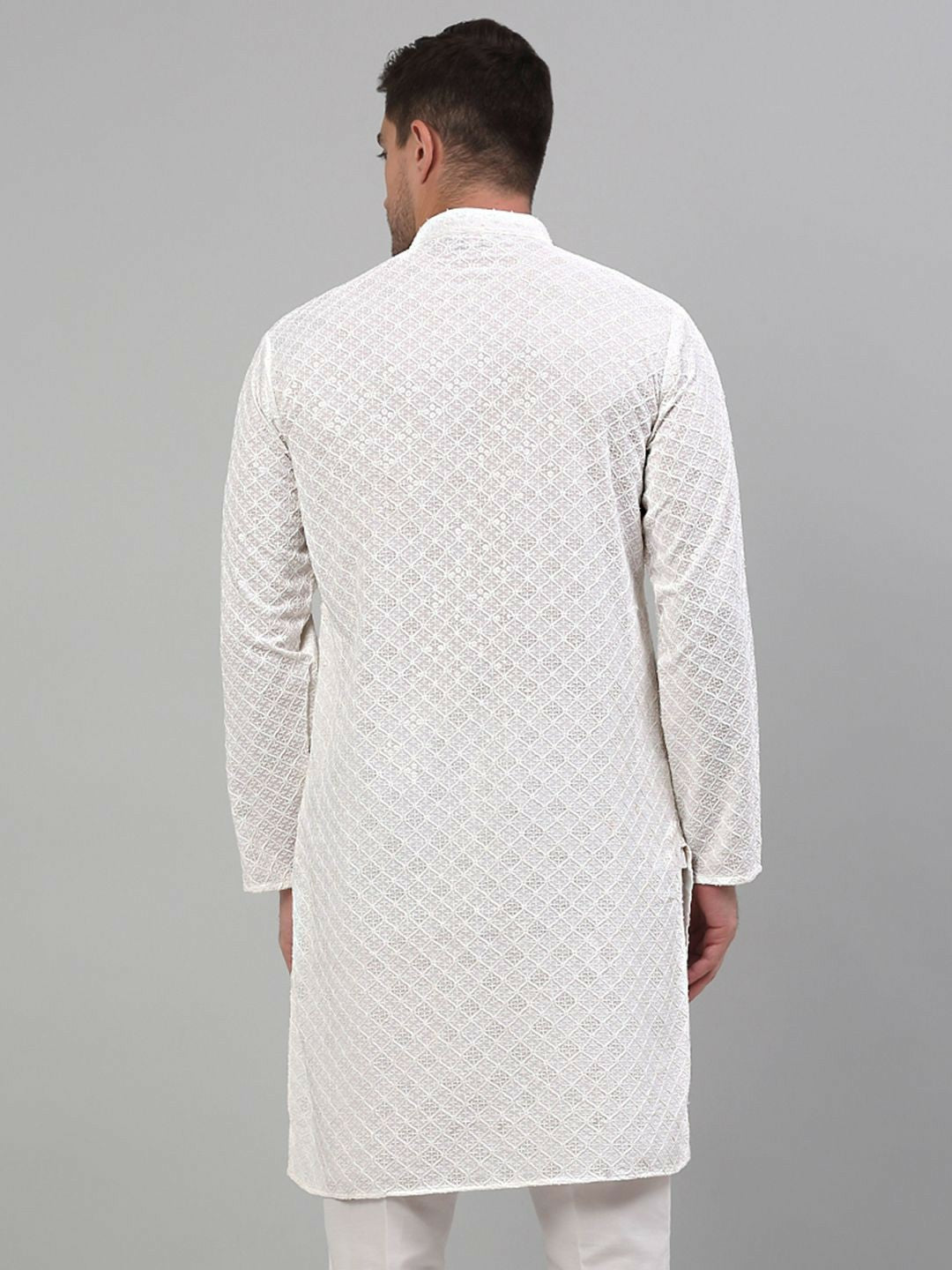 Men’s White Geometric Embroidered Cotton Kurta with Sequin Highlights