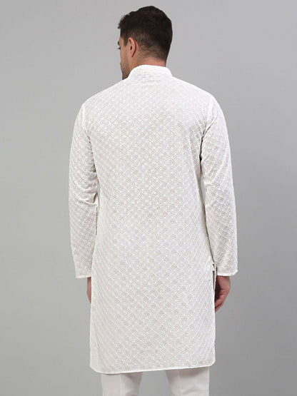 Men’s White Geometric Embroidered Cotton Kurta with Sequin Highlights