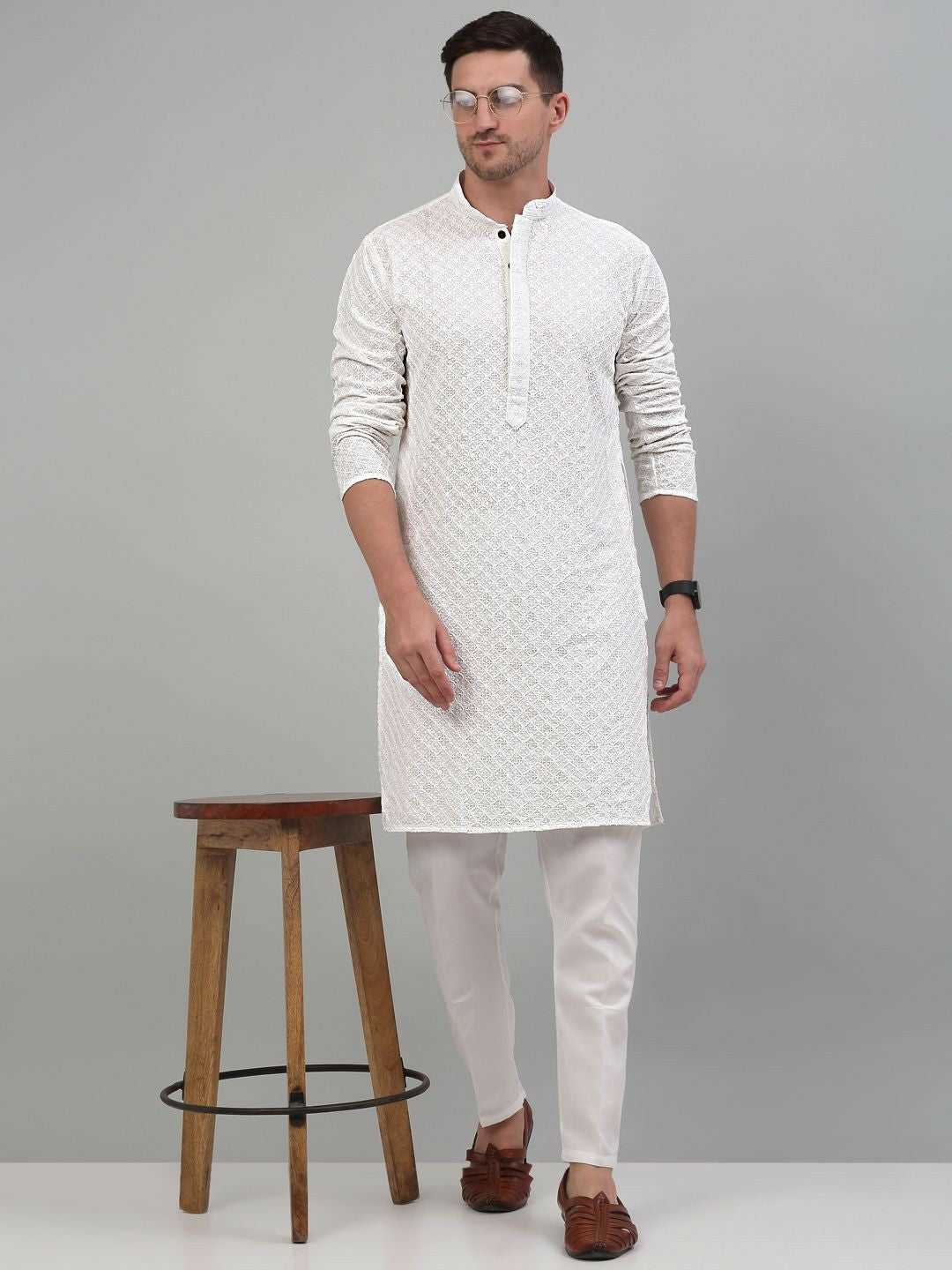 Men’s White Geometric Embroidered Cotton Kurta with Sequin Highlights