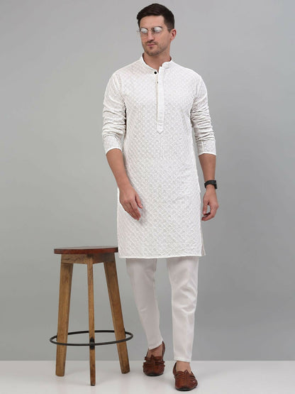 Men’s White Geometric Embroidered Cotton Kurta with Sequin Highlights