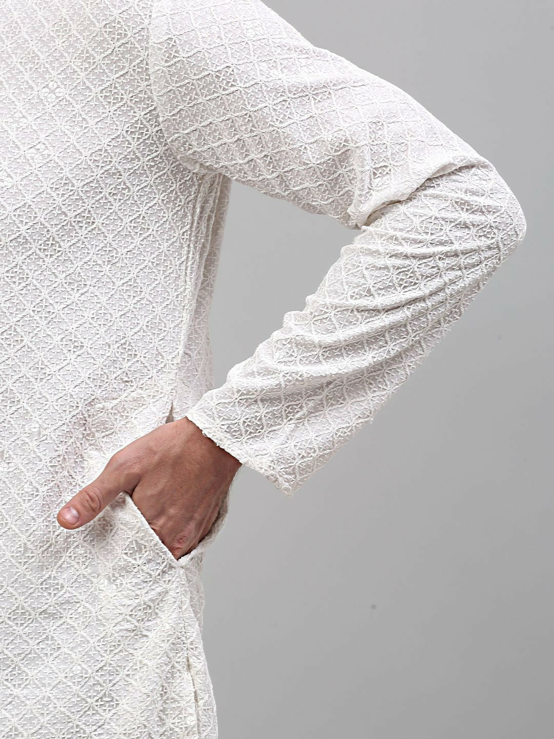 Men’s White Geometric Embroidered Cotton Kurta with Sequin Highlights