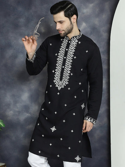 Men’s Black Floral Embroidered Kurta with Thread Work – Cotton Silk | indiaista