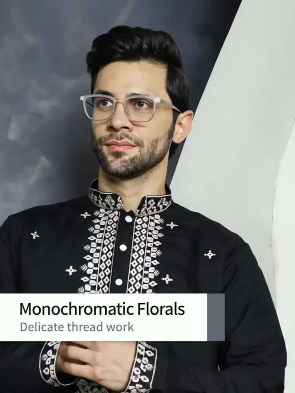 Men’s Black Floral Embroidered Kurta with Thread Work – Cotton Silk | indiaista