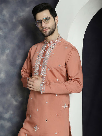 Men’s Peach Embroidered Thread Work Kurta in Cotton Silk | indiaista