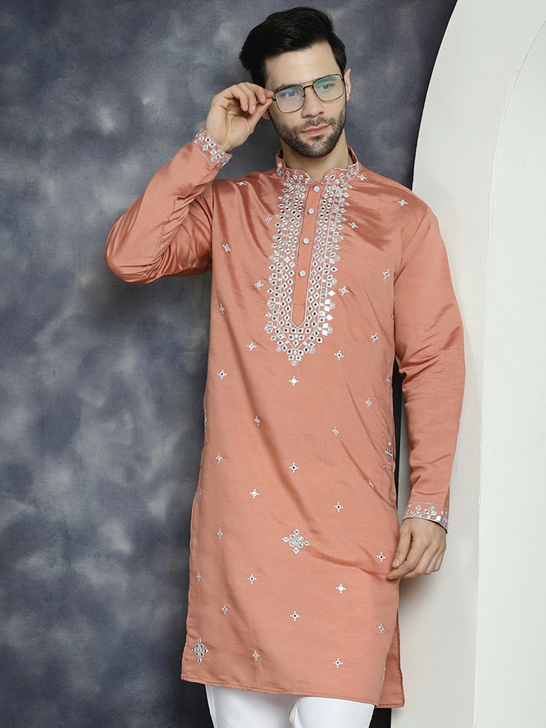 Men’s Peach Embroidered Thread Work Kurta in Cotton Silk | indiaista