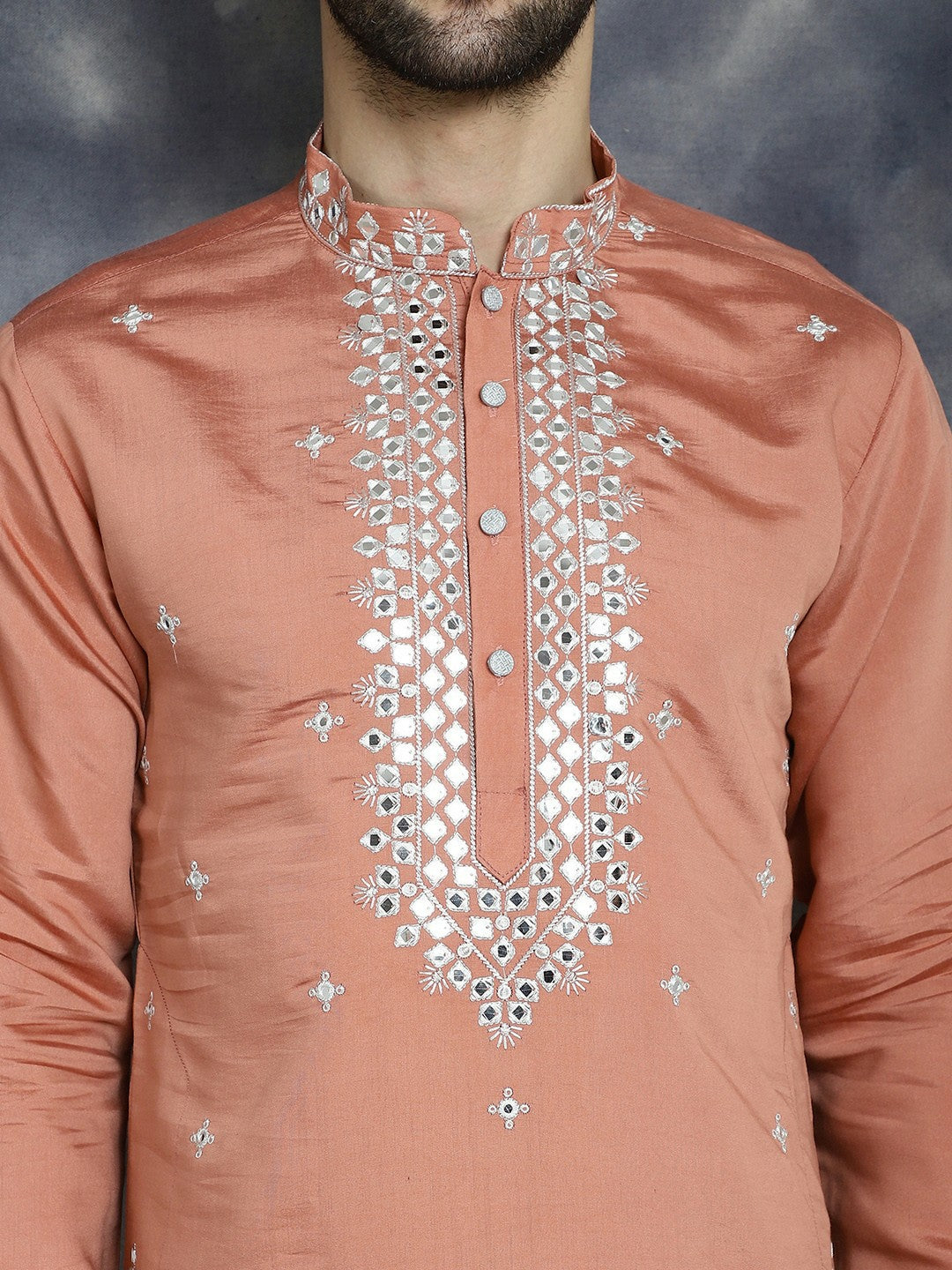 Men’s Peach Embroidered Thread Work Kurta in Cotton Silk | indiaista