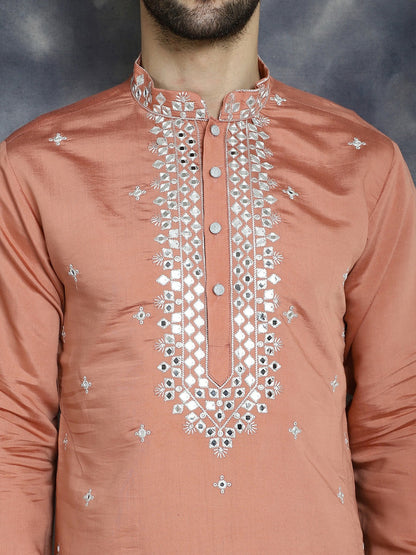 Men’s Peach Embroidered Thread Work Kurta in Cotton Silk | indiaista