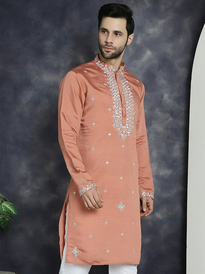 Men’s Peach Embroidered Thread Work Kurta in Cotton Silk | indiaista