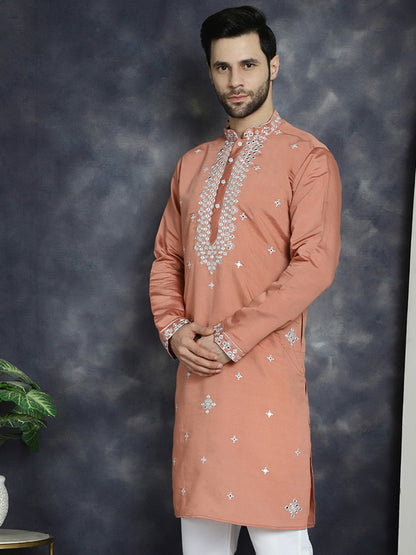 Men’s Peach Embroidered Thread Work Kurta in Cotton Silk | indiaista