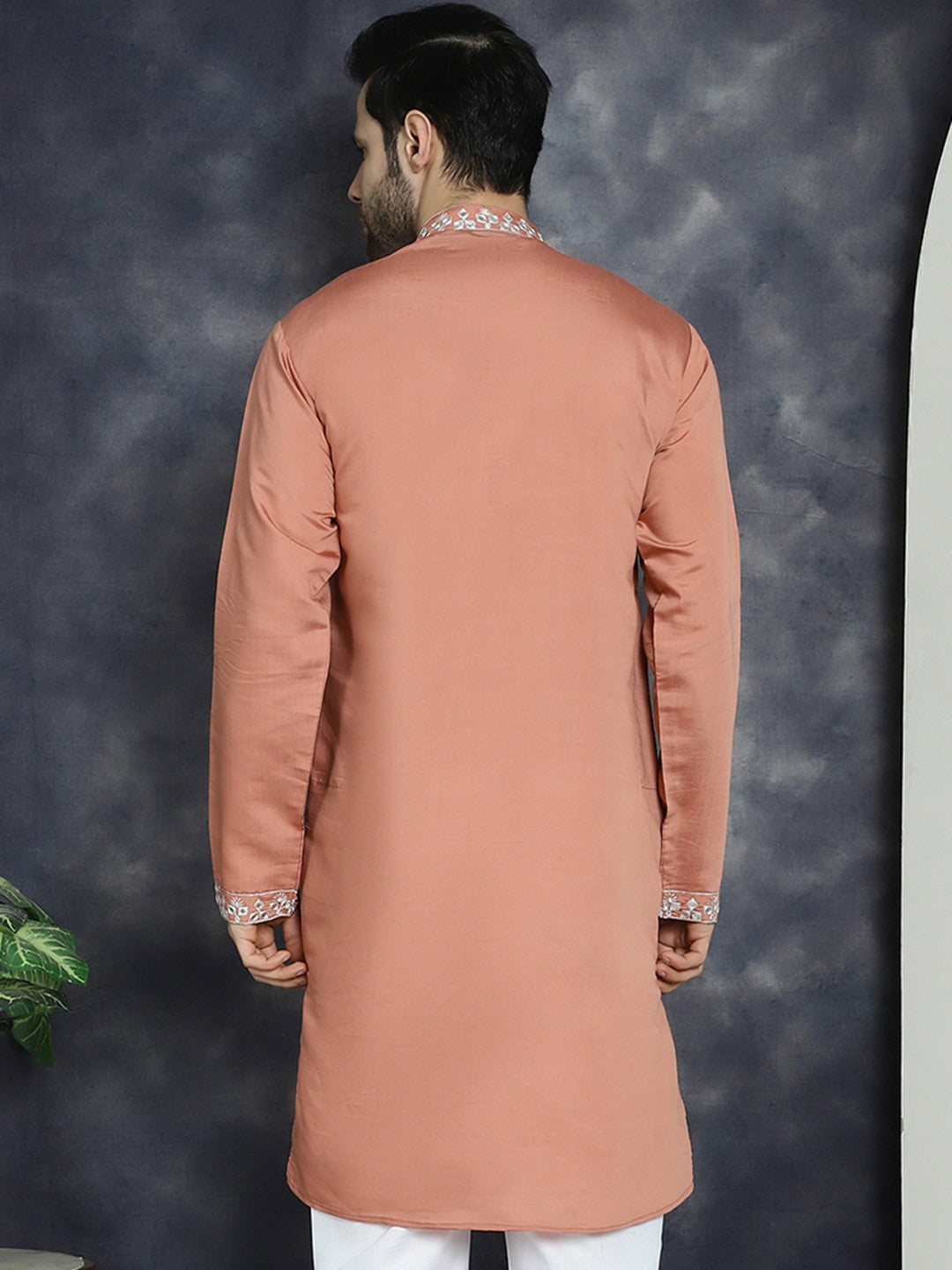 Men’s Peach Embroidered Thread Work Kurta in Cotton Silk | indiaista