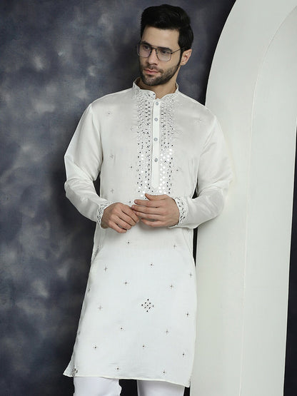 Men’s White Abstract Embroidered Cotton Blend Kurta with Shirt Collar | indiaista