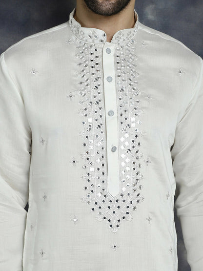Men’s White Abstract Embroidered Cotton Blend Kurta with Shirt Collar | indiaista