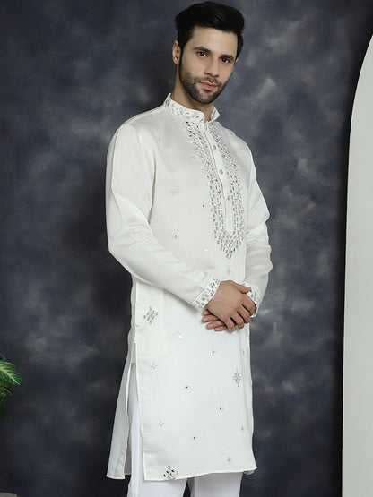 Men’s White Abstract Embroidered Cotton Blend Kurta with Shirt Collar | indiaista