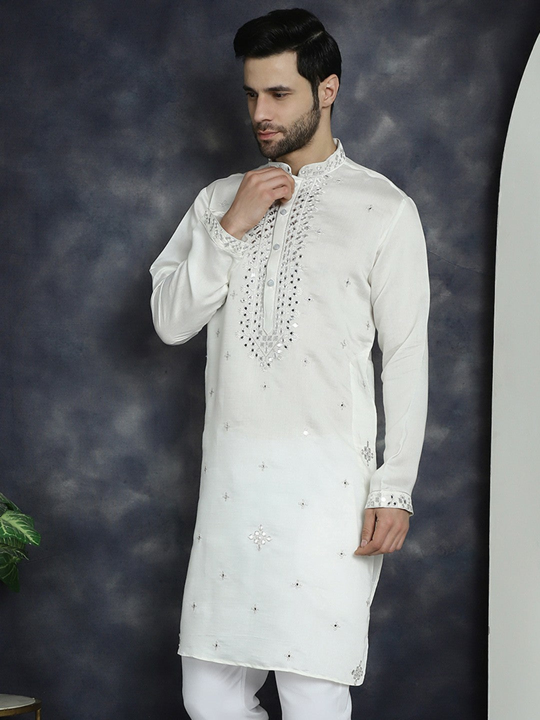 Men’s White Abstract Embroidered Cotton Blend Kurta with Shirt Collar | indiaista