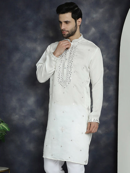 Men’s White Abstract Embroidered Cotton Blend Kurta with Shirt Collar | indiaista