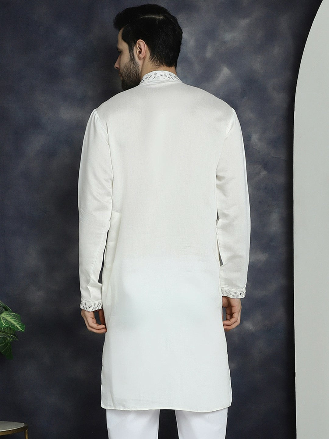 Men’s White Abstract Embroidered Cotton Blend Kurta with Shirt Collar | indiaista