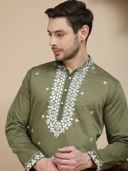 Men’s Olive Green & White Mirror Work Kurta with Geometric Embroidery | indiaista