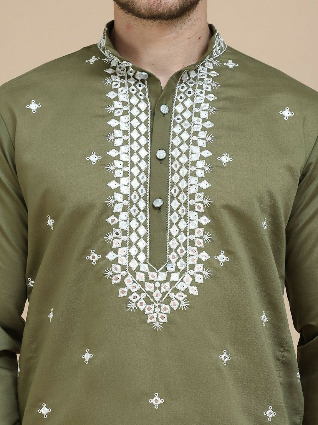 Men’s Olive Green & White Mirror Work Kurta with Geometric Embroidery | indiaista