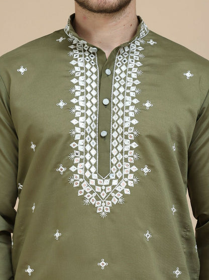Men’s Olive Green & White Mirror Work Kurta with Geometric Embroidery | indiaista