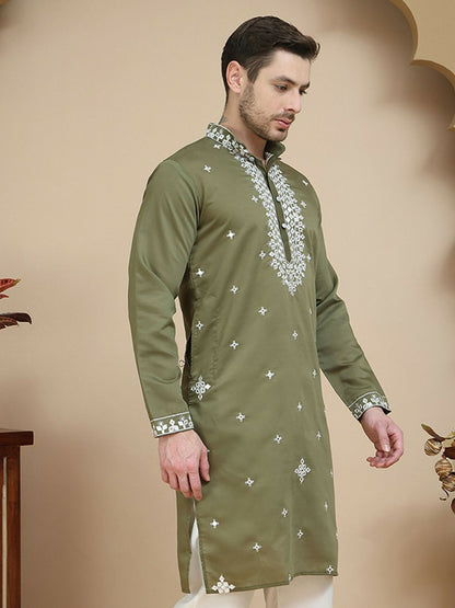 Men’s Olive Green & White Mirror Work Kurta with Geometric Embroidery | indiaista