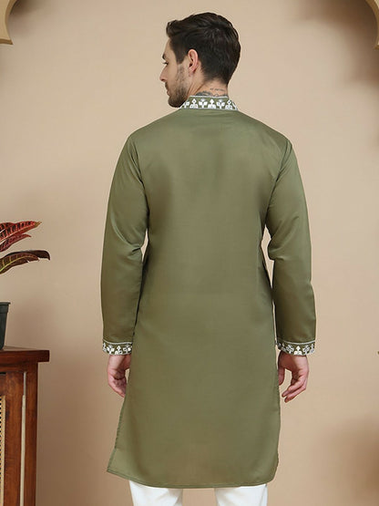 Men’s Olive Green & White Mirror Work Kurta with Geometric Embroidery | indiaista