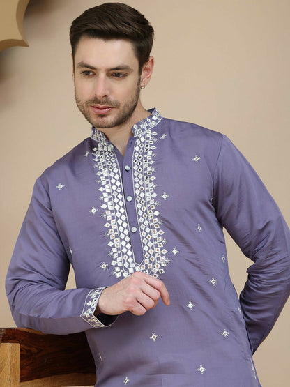 Purple & White Mirror Work Kurta for Men with Geometric Embroidery | indiaista