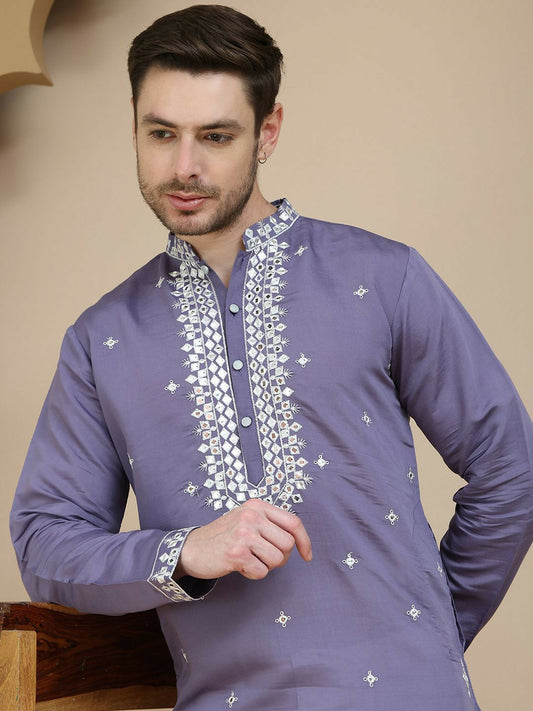 Purple & White Mirror Work Kurta for Men with Geometric Embroidery | indiaista
