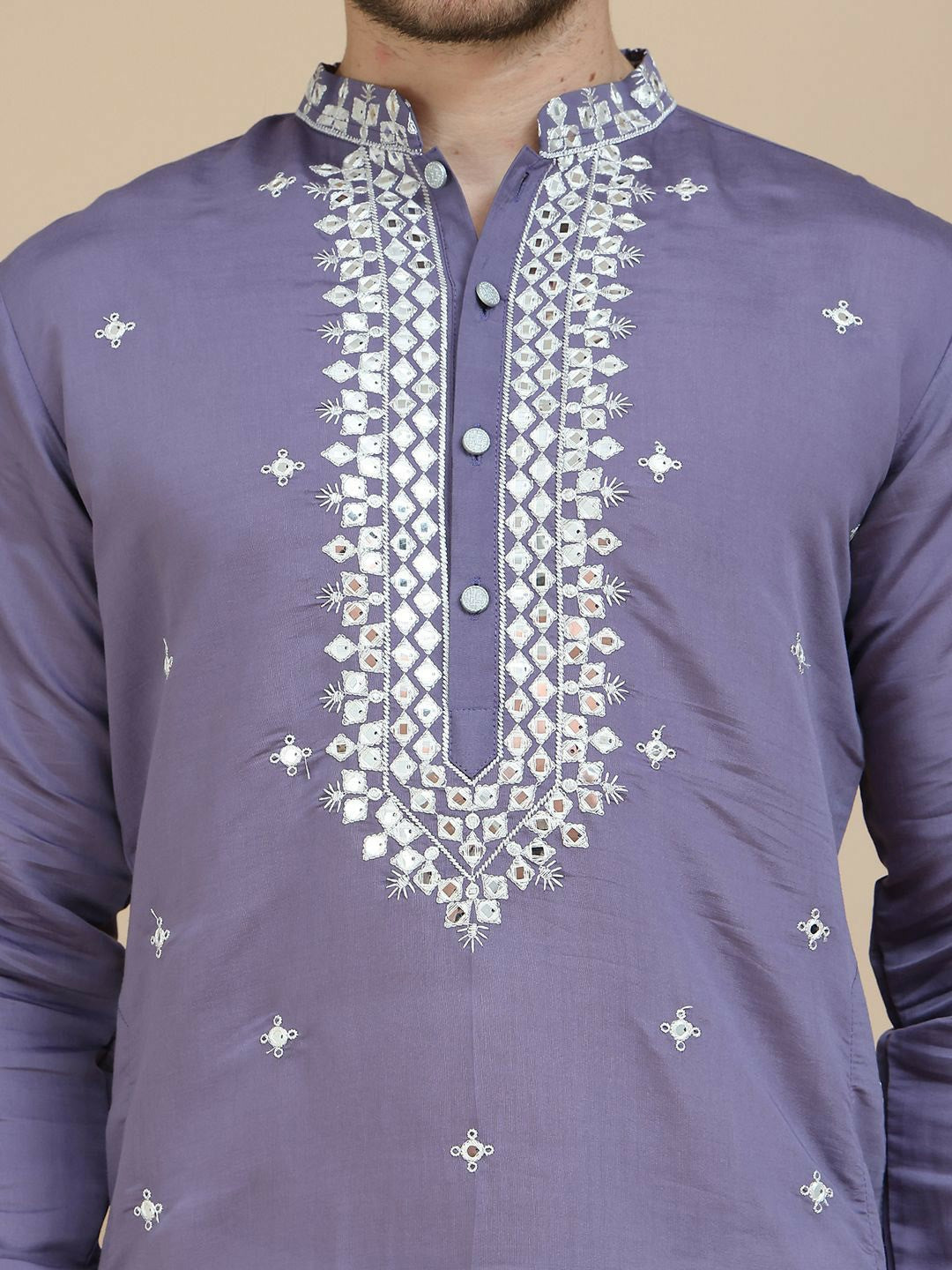 Purple & White Mirror Work Kurta for Men with Geometric Embroidery | indiaista