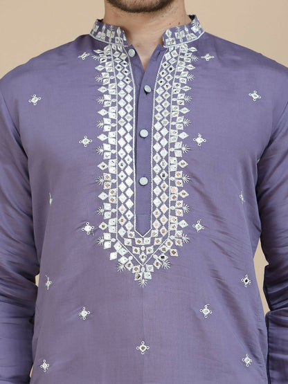 Purple & White Mirror Work Kurta for Men with Geometric Embroidery | indiaista