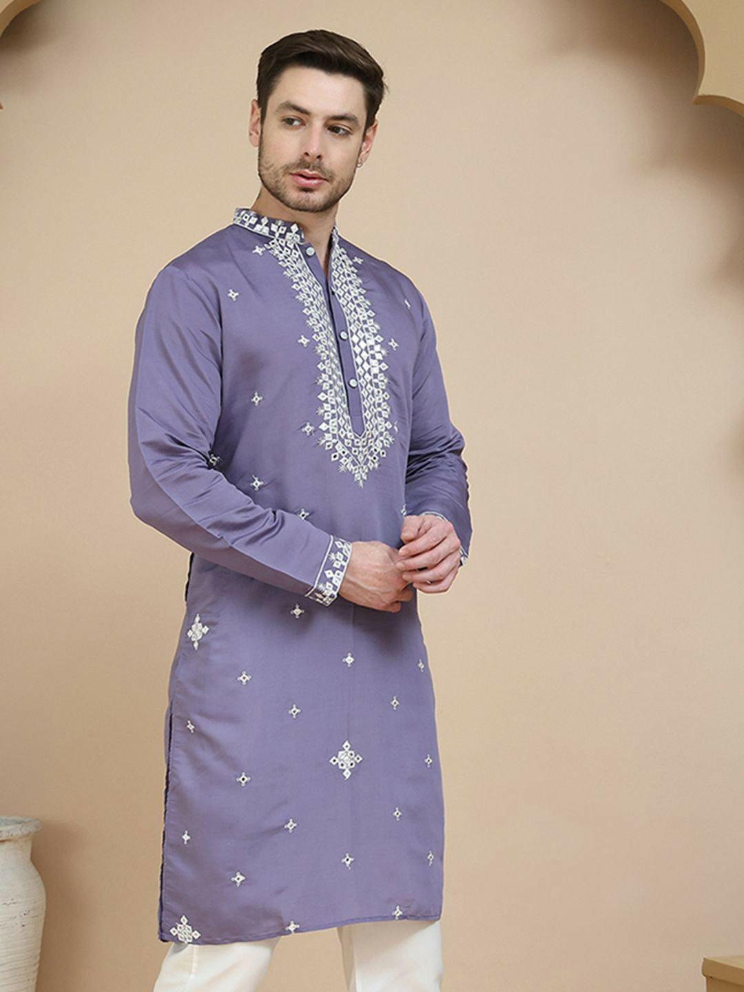 Purple & White Mirror Work Kurta for Men with Geometric Embroidery | indiaista