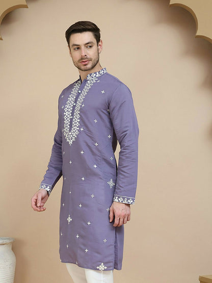 Purple & White Mirror Work Kurta for Men with Geometric Embroidery | indiaista
