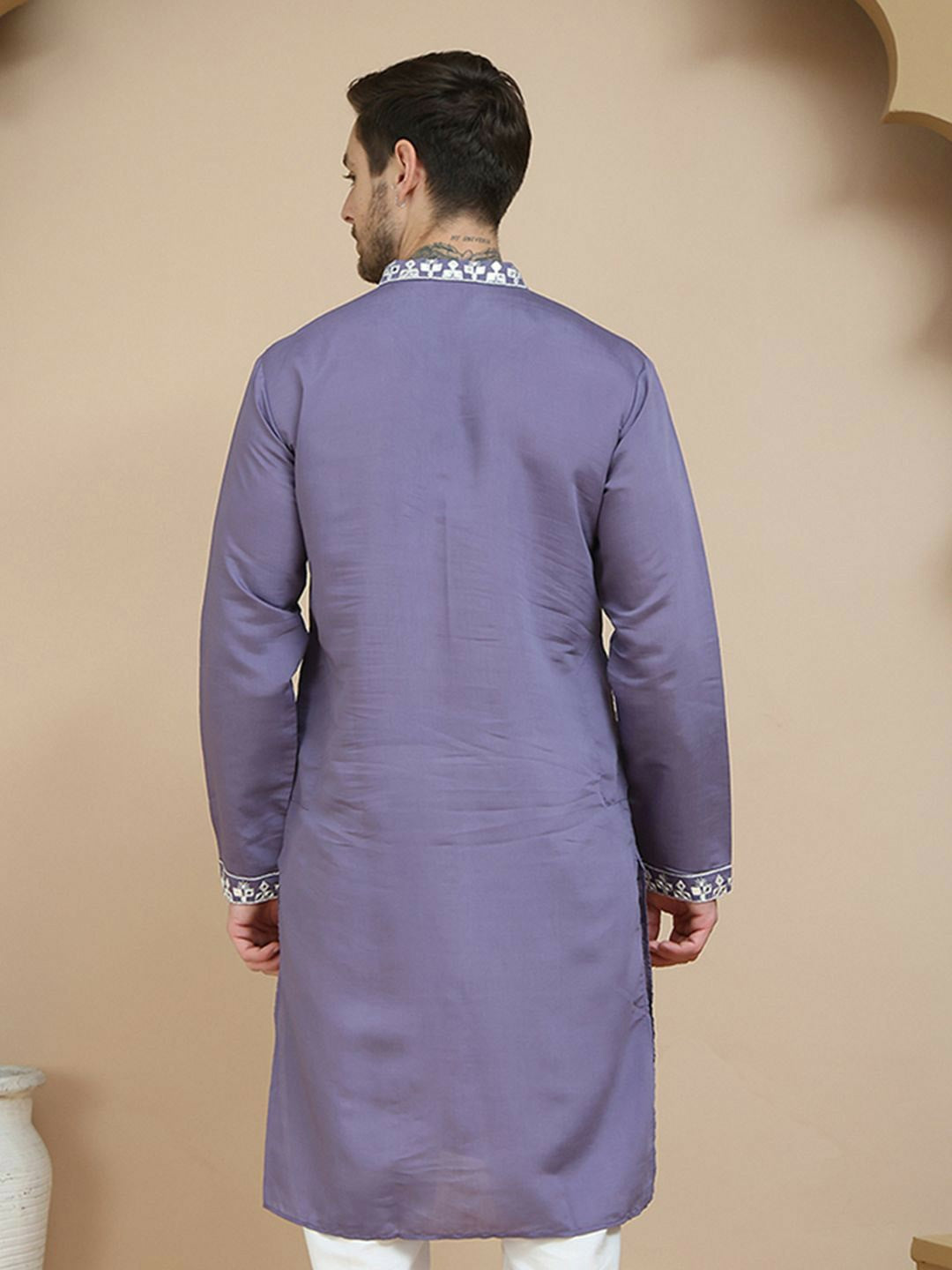 Purple & White Mirror Work Kurta for Men with Geometric Embroidery | indiaista