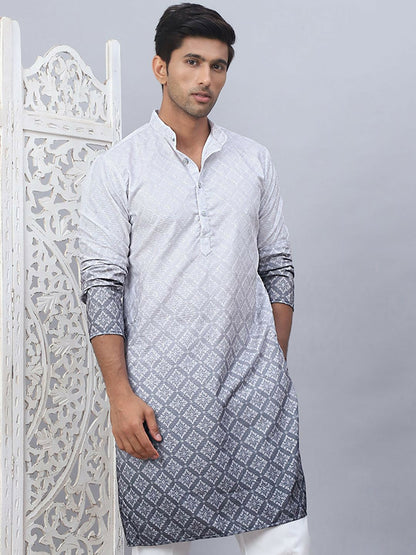 Men’s Grey-to-White Ombre Floral Kurta – Sequined Mandarin Collar